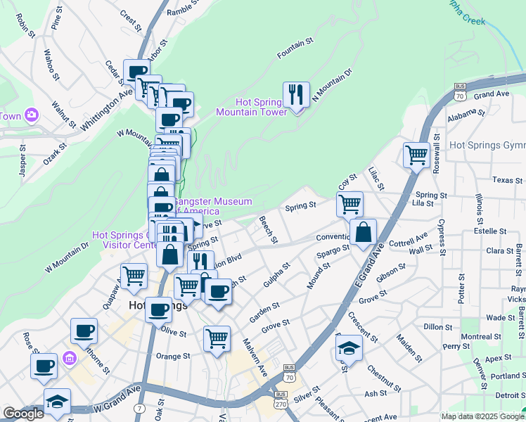 map of restaurants, bars, coffee shops, grocery stores, and more near 610 Spring Street in Hot Springs