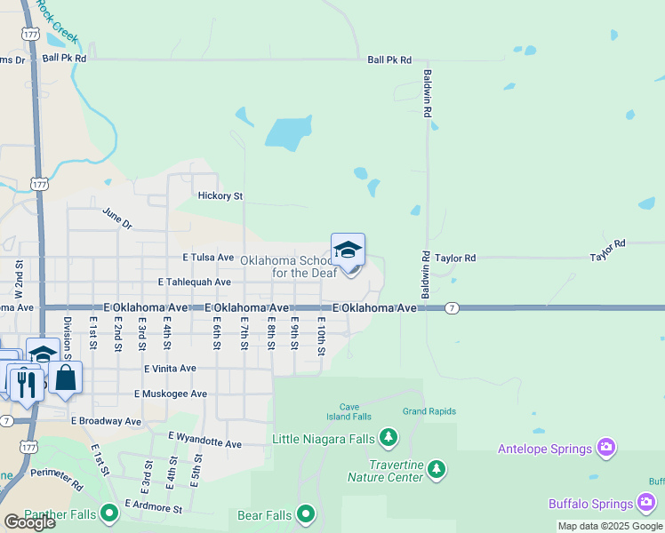 map of restaurants, bars, coffee shops, grocery stores, and more near 1100 East Oklahoma Avenue in Sulphur