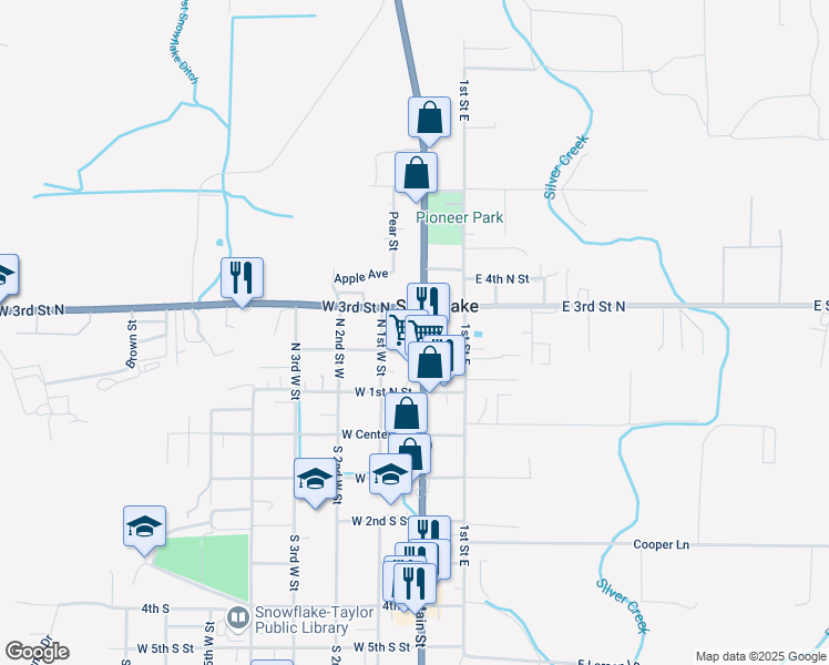 map of restaurants, bars, coffee shops, grocery stores, and more near 123 Main Street in Snowflake