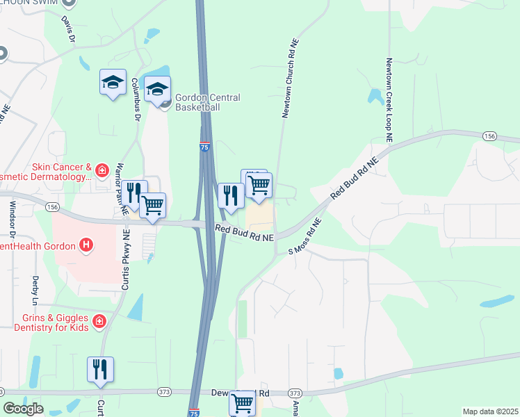 map of restaurants, bars, coffee shops, grocery stores, and more near 1512 Red Bud Road Northeast in Calhoun