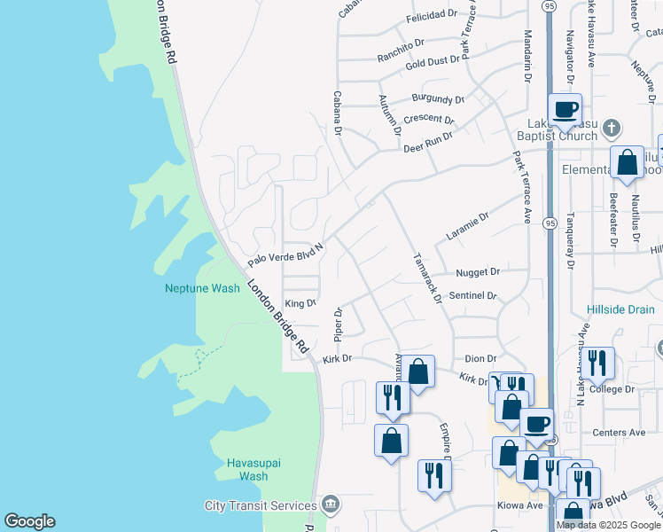 map of restaurants, bars, coffee shops, grocery stores, and more near 1409 Electra Bay in Lake Havasu City