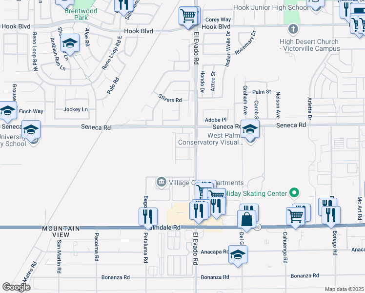 map of restaurants, bars, coffee shops, grocery stores, and more near 14485 Seneca Road in Victorville