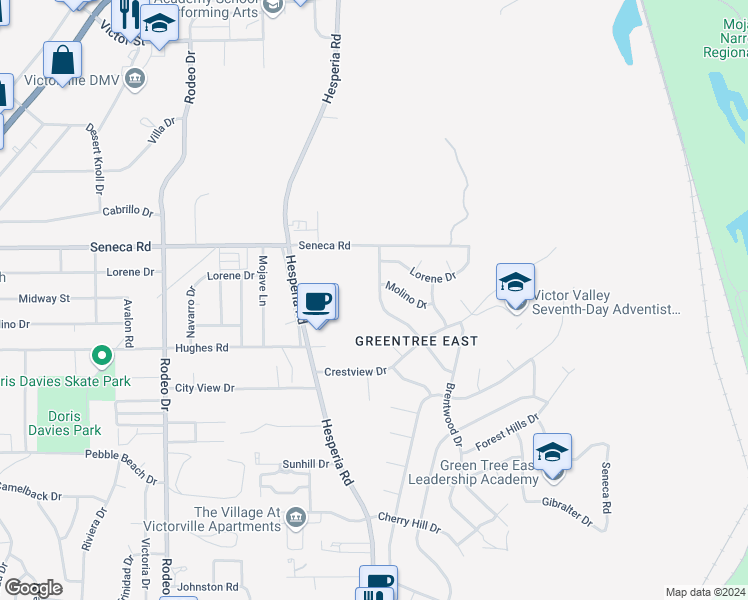 map of restaurants, bars, coffee shops, grocery stores, and more near 14400 Woodland Drive in Victorville
