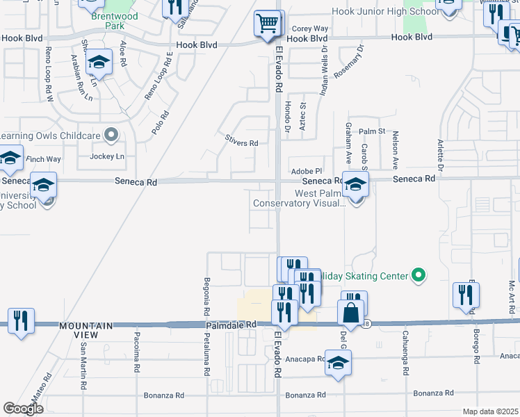 map of restaurants, bars, coffee shops, grocery stores, and more near 14485 Seneca Road in Victorville