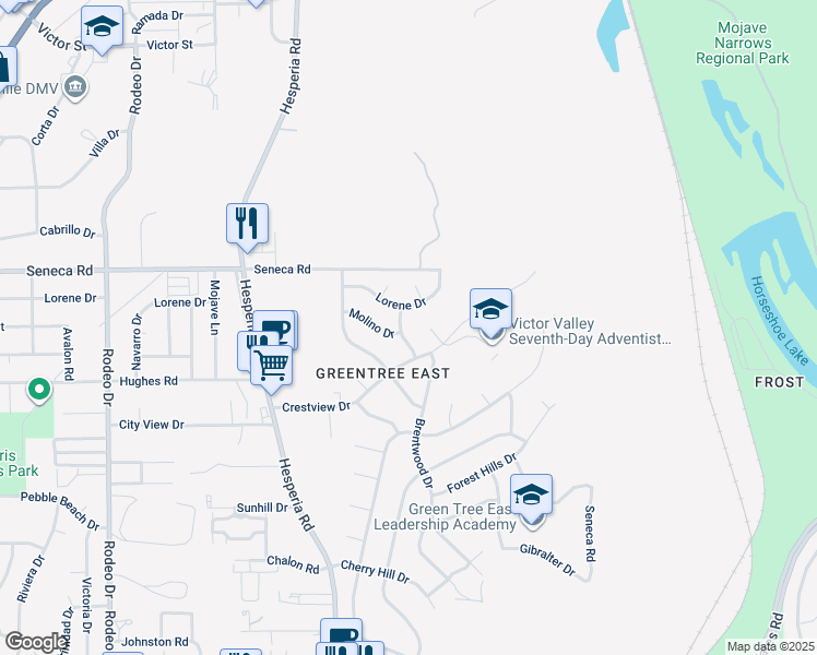 map of restaurants, bars, coffee shops, grocery stores, and more near 14391 Hacienda Drive in Victorville