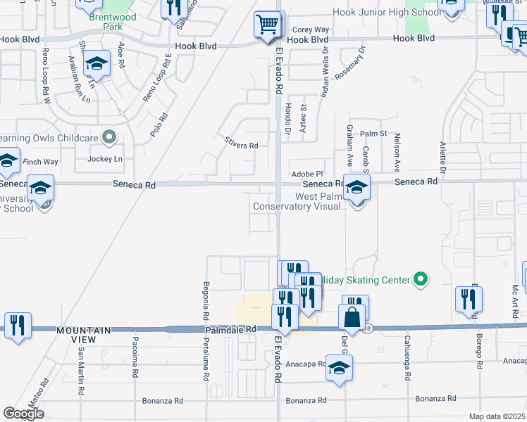 map of restaurants, bars, coffee shops, grocery stores, and more near 14485 Seneca Road in Victorville
