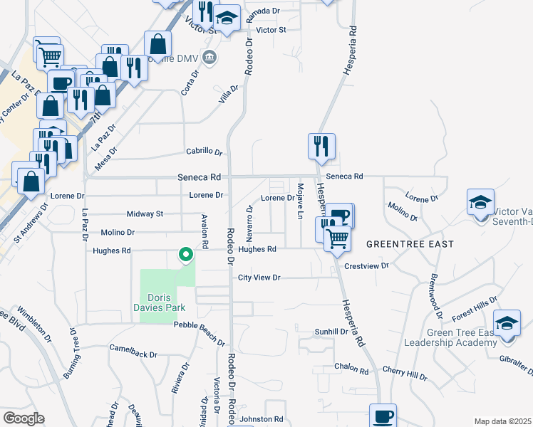 map of restaurants, bars, coffee shops, grocery stores, and more near 14385 Cactus Drive in Victorville