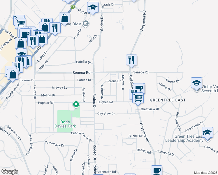 map of restaurants, bars, coffee shops, grocery stores, and more near 14385 Cactus Drive in Victorville