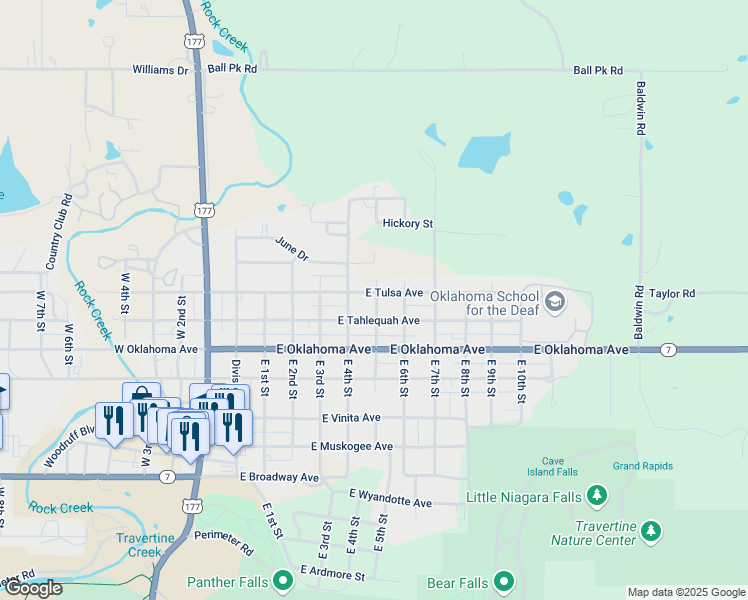 map of restaurants, bars, coffee shops, grocery stores, and more near 414 East Tahlequah Avenue in Sulphur