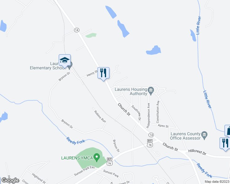 map of restaurants, bars, coffee shops, grocery stores, and more near 802 Church Street in Laurens