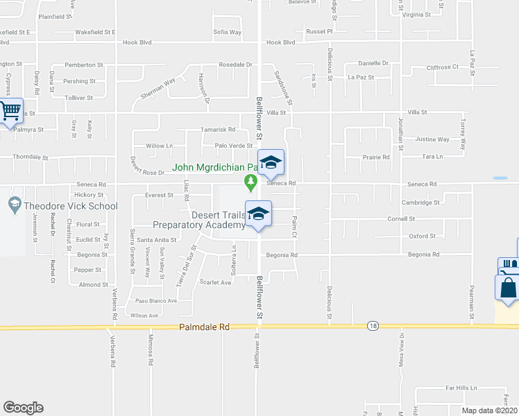 map of restaurants, bars, coffee shops, grocery stores, and more near 14430 Bellflower Street in Adelanto