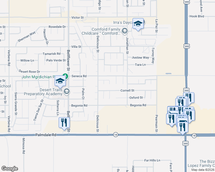 map of restaurants, bars, coffee shops, grocery stores, and more near 14386 Brittlebush Drive in Adelanto