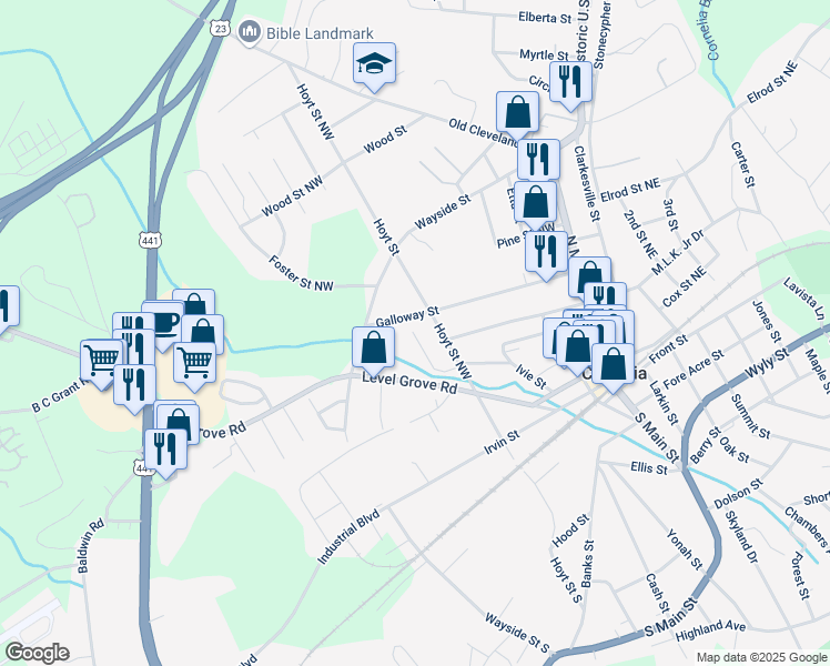 map of restaurants, bars, coffee shops, grocery stores, and more near 237 Brookside Street in Cornelia