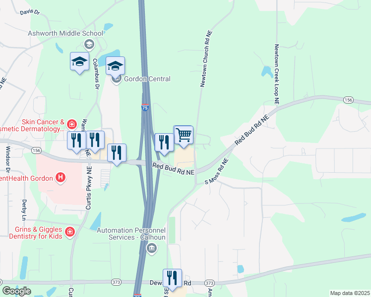 map of restaurants, bars, coffee shops, grocery stores, and more near 1512 Red Bud Road Northeast in Calhoun