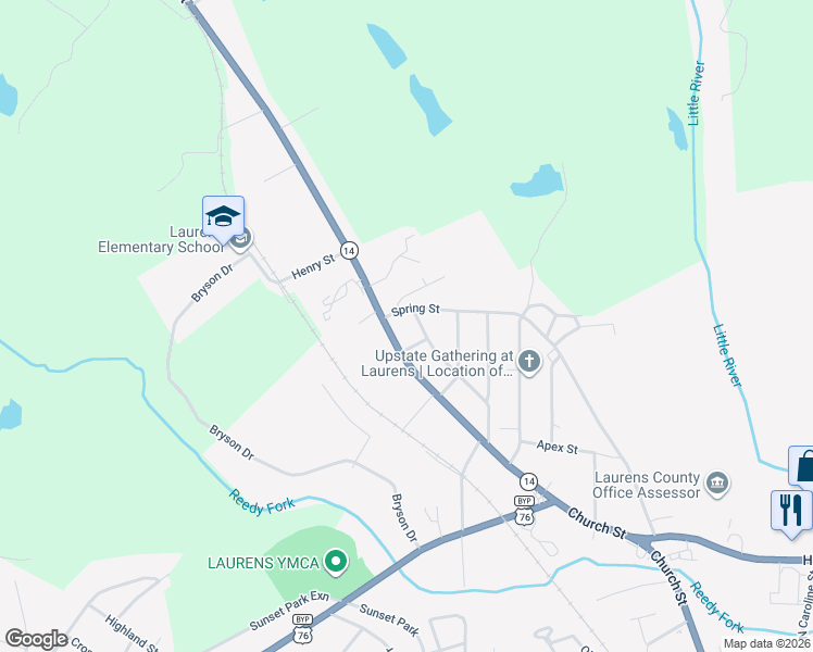 map of restaurants, bars, coffee shops, grocery stores, and more near 800 Spring Street in Laurens