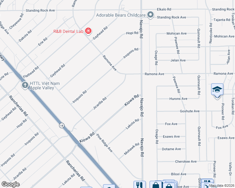 map of restaurants, bars, coffee shops, grocery stores, and more near 14417 Jicarilla Road in Apple Valley