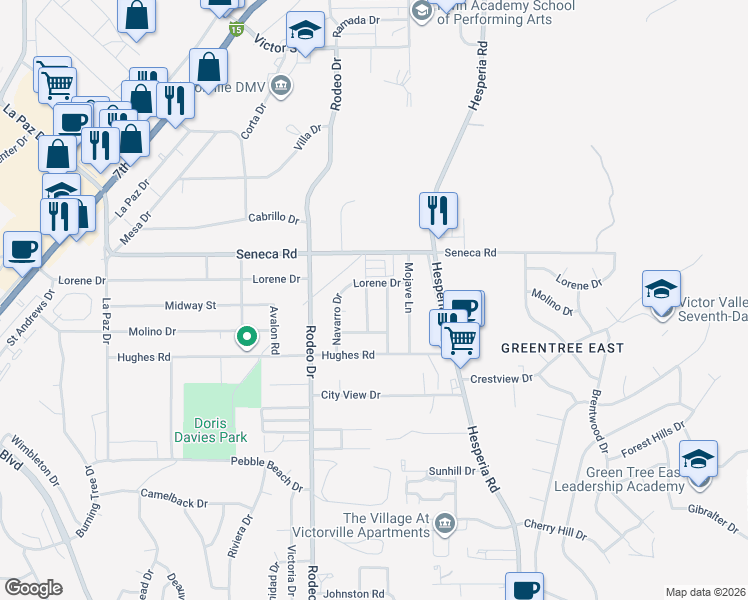 map of restaurants, bars, coffee shops, grocery stores, and more near 14450 Lorene Drive in Victorville