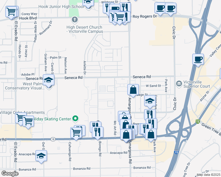 map of restaurants, bars, coffee shops, grocery stores, and more near 14416 Mcart Road in Victorville