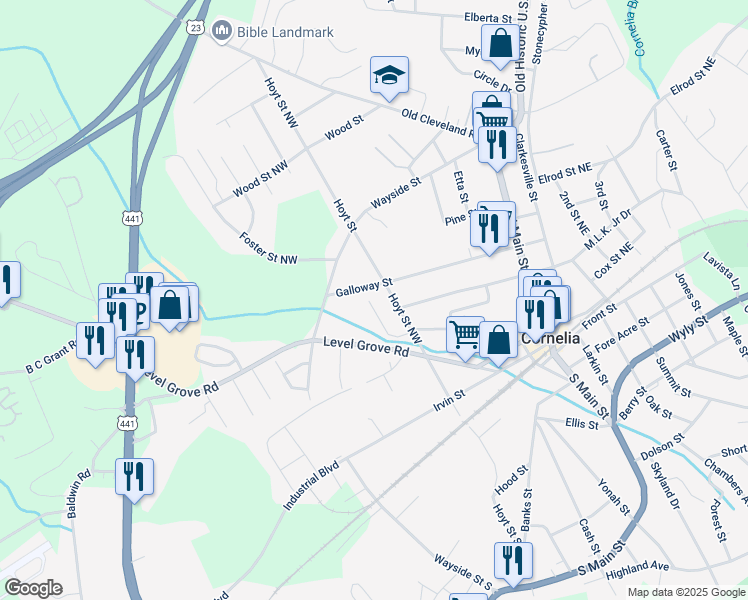 map of restaurants, bars, coffee shops, grocery stores, and more near 237 Brookside Street in Cornelia