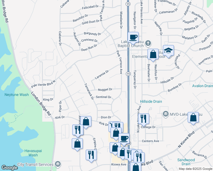 map of restaurants, bars, coffee shops, grocery stores, and more near 1910 Park Terrace Bay in Lake Havasu City