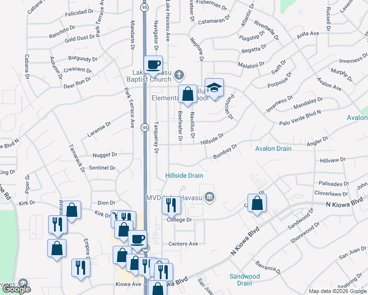 map of restaurants, bars, coffee shops, grocery stores, and more near 1355 Beefeater Drive in Lake Havasu City