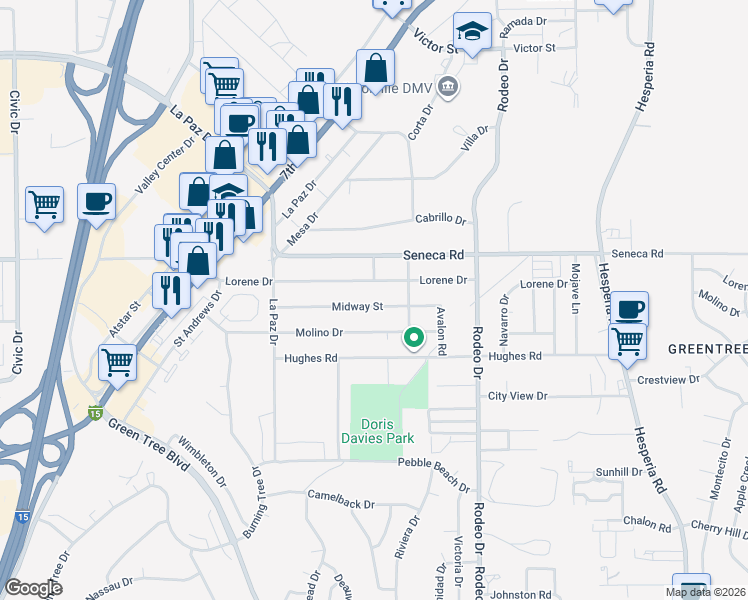 map of restaurants, bars, coffee shops, grocery stores, and more near 16300 Midway Street in Victorville