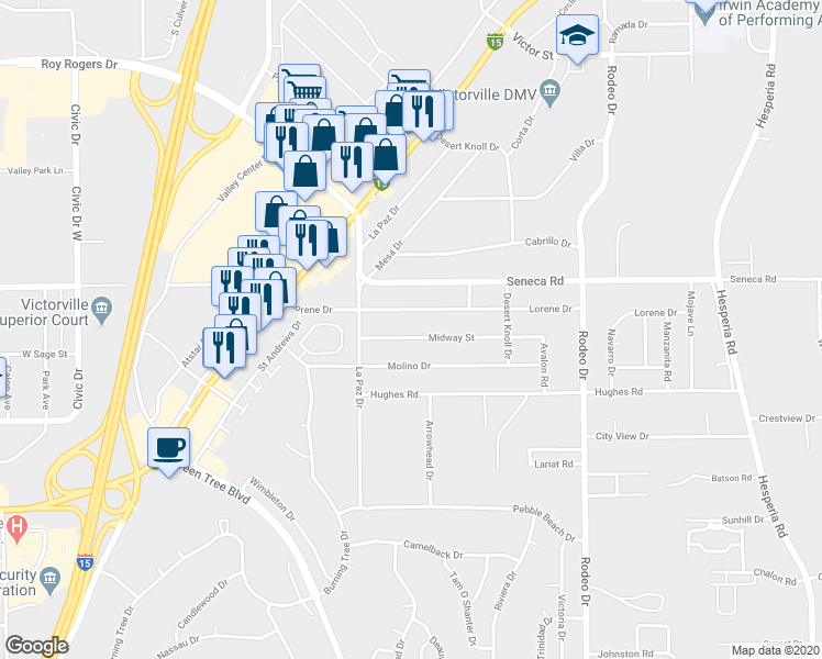 map of restaurants, bars, coffee shops, grocery stores, and more near 16184 Midway Street in Victorville