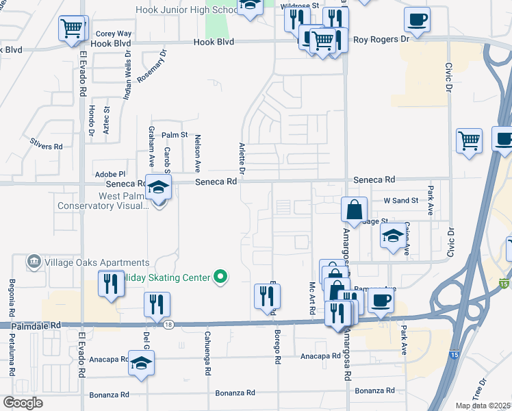 map of restaurants, bars, coffee shops, grocery stores, and more near 14374 Borego Road in Victorville