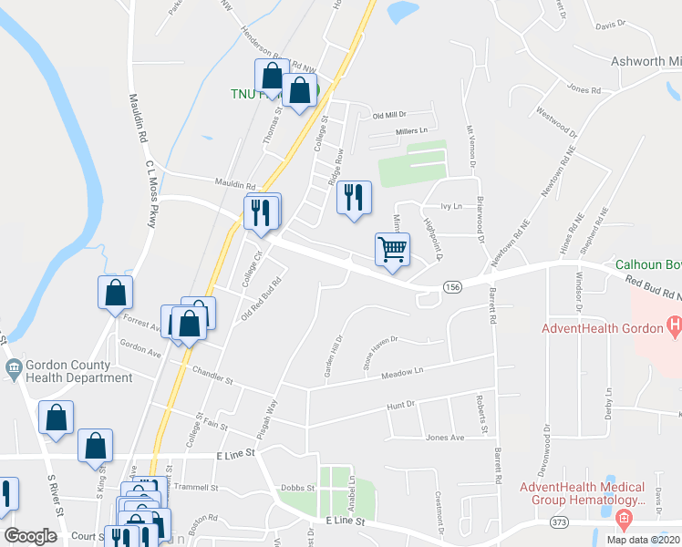 map of restaurants, bars, coffee shops, grocery stores, and more near 100 Springdale Drive in Calhoun