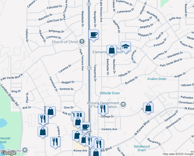 map of restaurants, bars, coffee shops, grocery stores, and more near 1360 Tanqueray Drive in Lake Havasu City