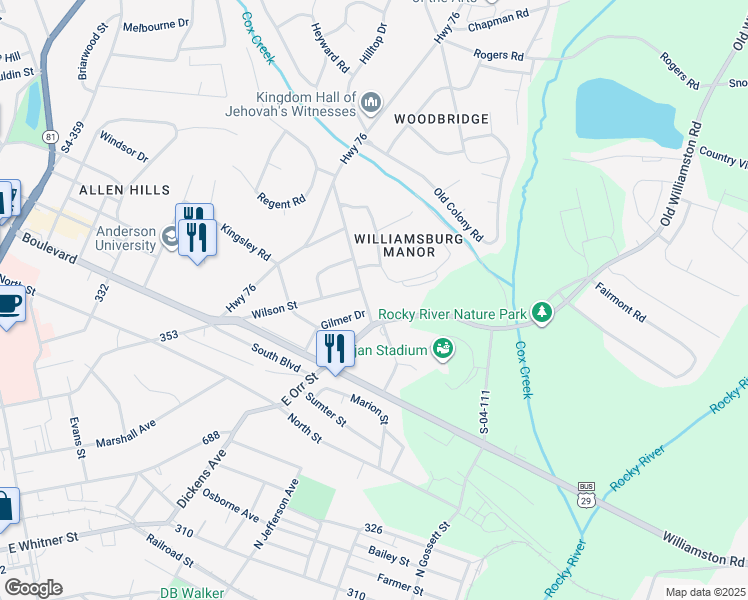 map of restaurants, bars, coffee shops, grocery stores, and more near 104 Heritage Drive in Anderson