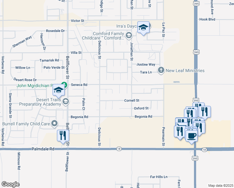 map of restaurants, bars, coffee shops, grocery stores, and more near 14444 Clemson Court in Adelanto
