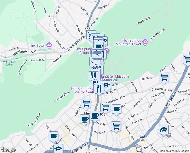 map of restaurants, bars, coffee shops, grocery stores, and more near 404 Arkansas 7 in Hot Springs