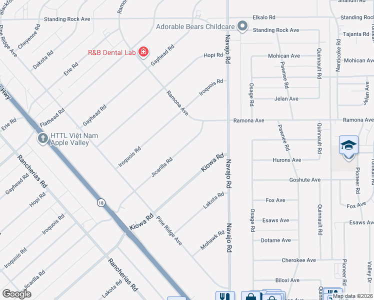 map of restaurants, bars, coffee shops, grocery stores, and more near 14387 Jicarilla Road in Apple Valley