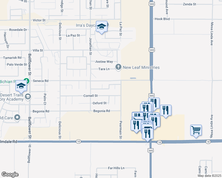 map of restaurants, bars, coffee shops, grocery stores, and more near 14443 Cambridge Street in Adelanto