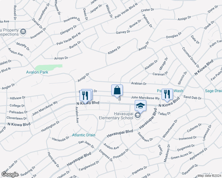 map of restaurants, bars, coffee shops, grocery stores, and more near 2800 Arabian Drive in Lake Havasu City