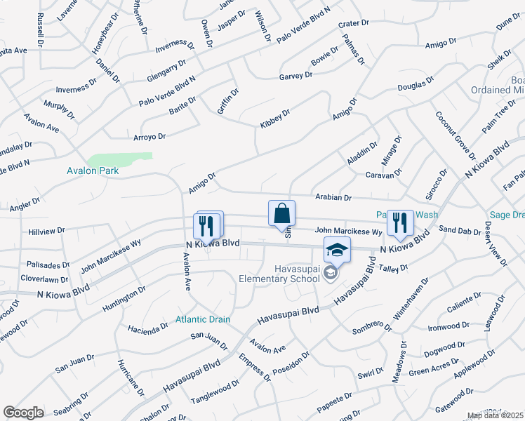 map of restaurants, bars, coffee shops, grocery stores, and more near 2800 Arabian Drive in Lake Havasu City