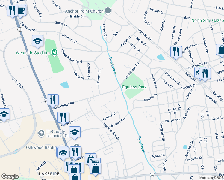 map of restaurants, bars, coffee shops, grocery stores, and more near 2310 Standridge Road in Anderson