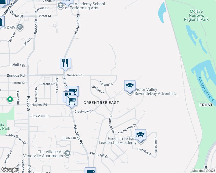 map of restaurants, bars, coffee shops, grocery stores, and more near 17020 Lorene Drive in Victorville