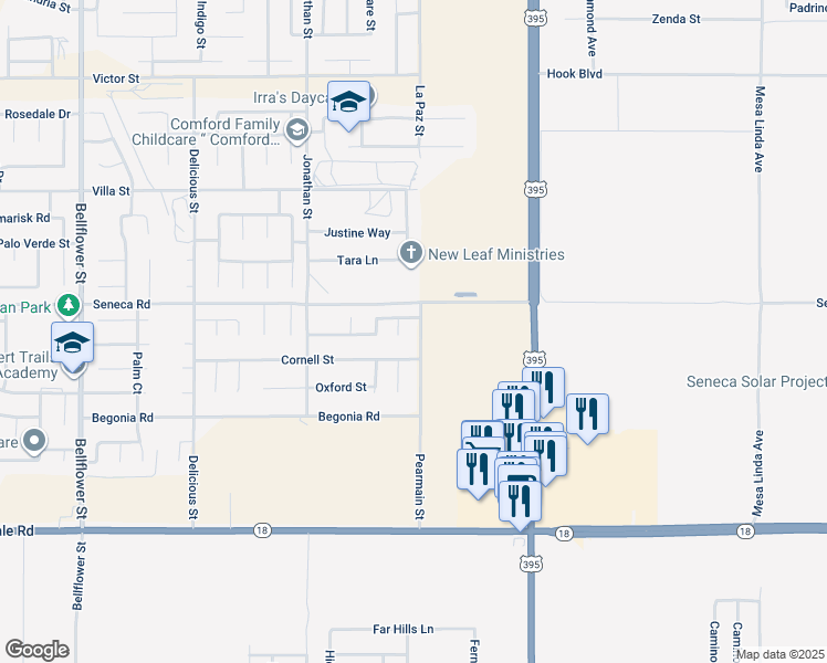 map of restaurants, bars, coffee shops, grocery stores, and more near 14444 Pearmain Street in Adelanto