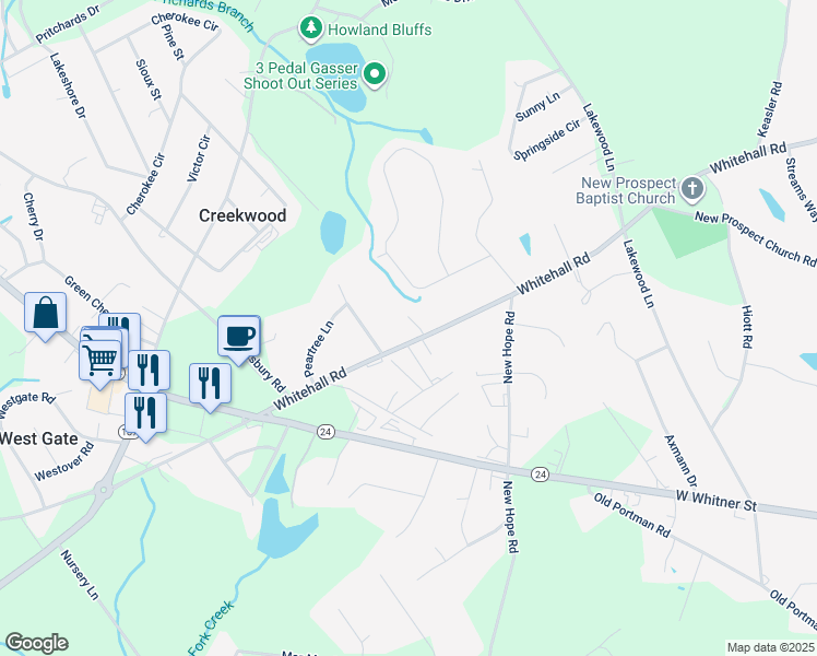 map of restaurants, bars, coffee shops, grocery stores, and more near 107 Teakwood Drive in Anderson
