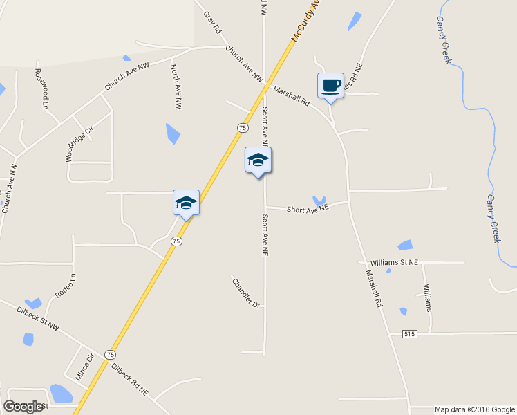 map of restaurants, bars, coffee shops, grocery stores, and more near 394 Scott Avenue Northeast in Rainsville