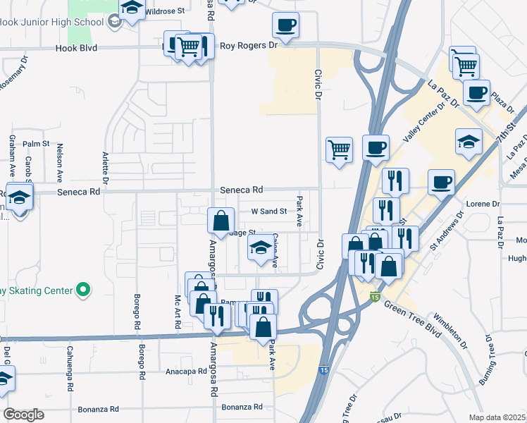 map of restaurants, bars, coffee shops, grocery stores, and more near West Sand Street in Victorville