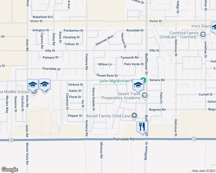 map of restaurants, bars, coffee shops, grocery stores, and more near 14465 Gila Bend Court in Adelanto