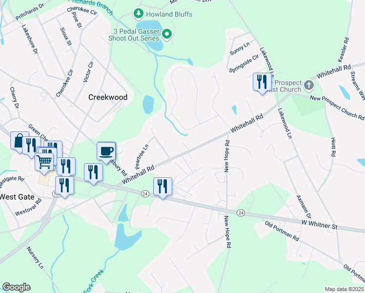 map of restaurants, bars, coffee shops, grocery stores, and more near 105 Teakwood Drive in Anderson