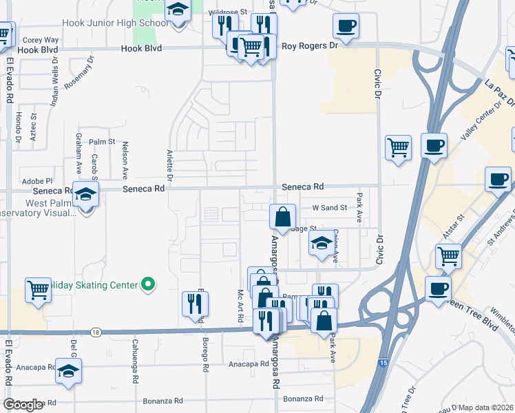 map of restaurants, bars, coffee shops, grocery stores, and more near 57 Mcart Road in Victorville