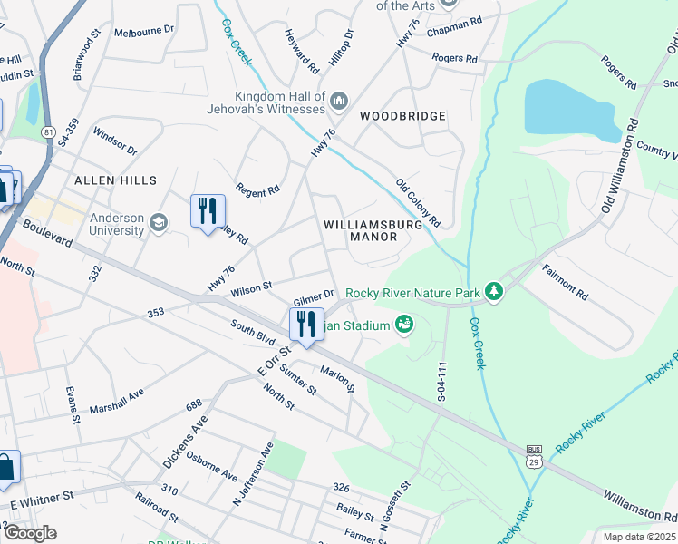 map of restaurants, bars, coffee shops, grocery stores, and more near 104 Heritage Drive in Anderson
