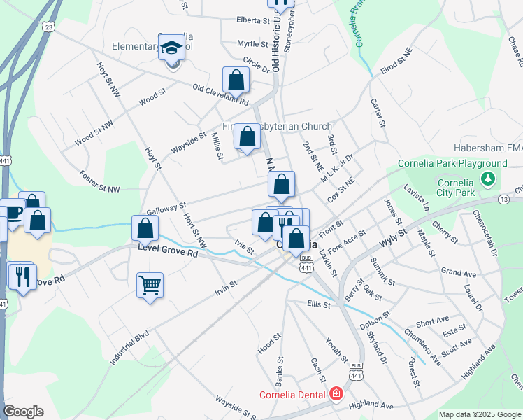 map of restaurants, bars, coffee shops, grocery stores, and more near 253-257 Chattahoochee St in Cornelia