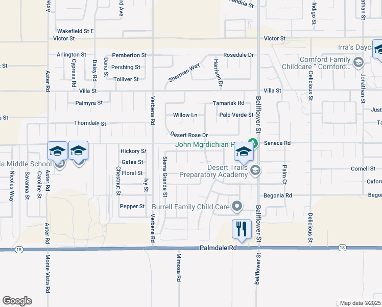 map of restaurants, bars, coffee shops, grocery stores, and more near 14465 Gila Bend Court in Adelanto