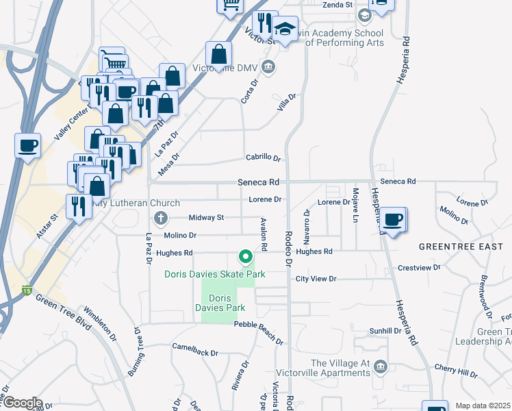 map of restaurants, bars, coffee shops, grocery stores, and more near 16409 Lorene Drive in Victorville
